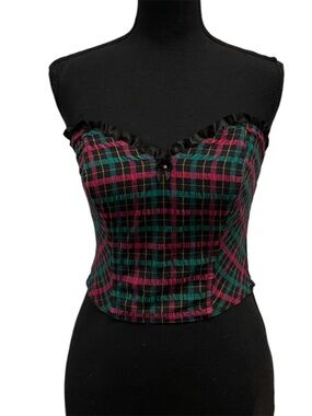 Rare 70s Plaid Strapless Bustier Corset Top - Pink & Green